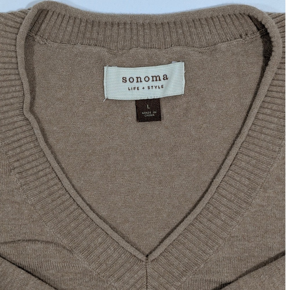 Khaki Minimalist Preppy Basic V Neck Long Sleeve Sweater Ribbed Waist Large - Picture 7 of 10